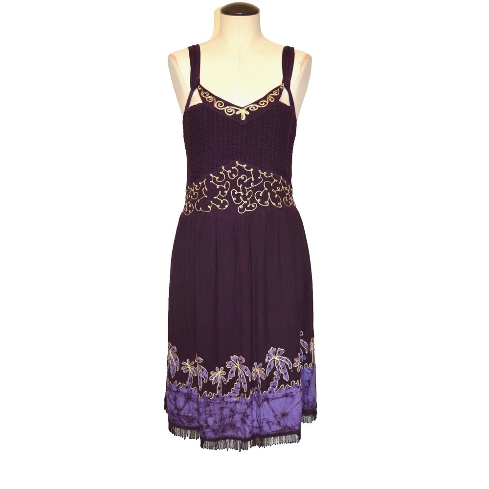 Advance Apparels Women's Sleeveless Deep Purple Dress Floral Embroidered Free Sz